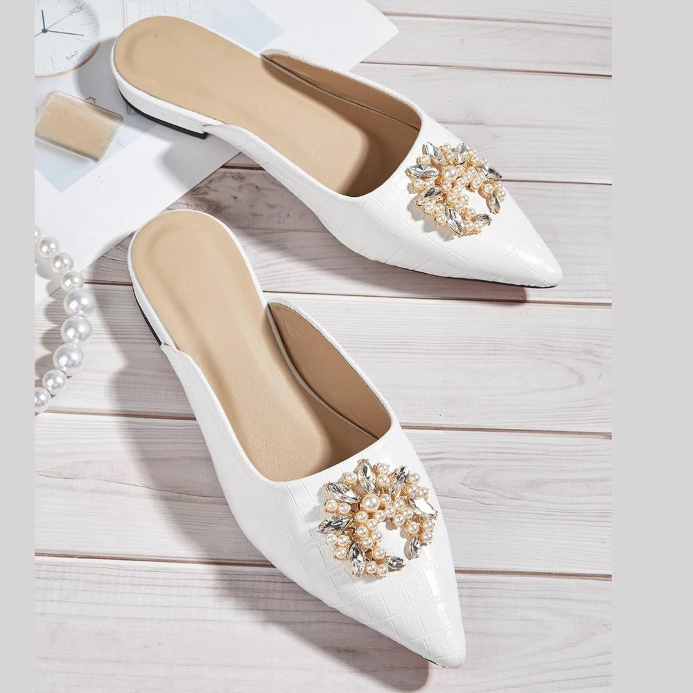 NEW Crocodile Pattern Flat Mules with Rhinestone & Faux Pearl, Sz EU 38( US 7.5)